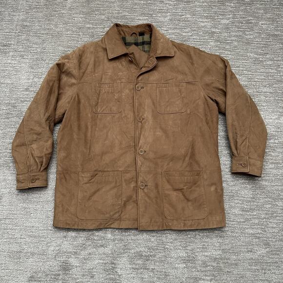 Outfitters Leather Coat Mens XL Brown Suede Leather Plaid Lined Western Barn